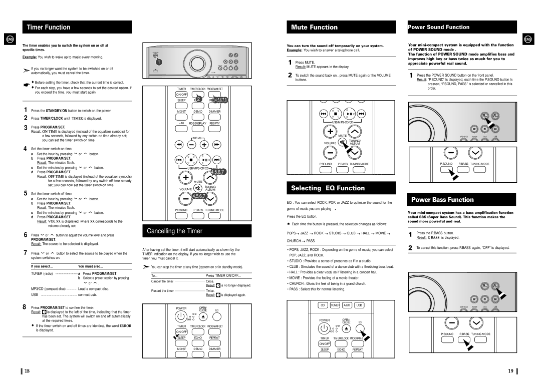 Samsung MAX-A66R/EDC manual Timer Function, Mute Function, Cancelling the Timer, Selecting EQ Function, Power Bass Function 