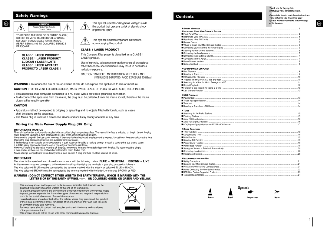 Samsung MAX-A66R/EDC manual Contents 