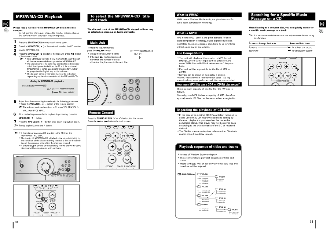 Samsung MAX-A66R/EDC manual MP3/WMA-CD Playback, To select the MP3/WMA-CD title and track, MP3-CD/CD button 