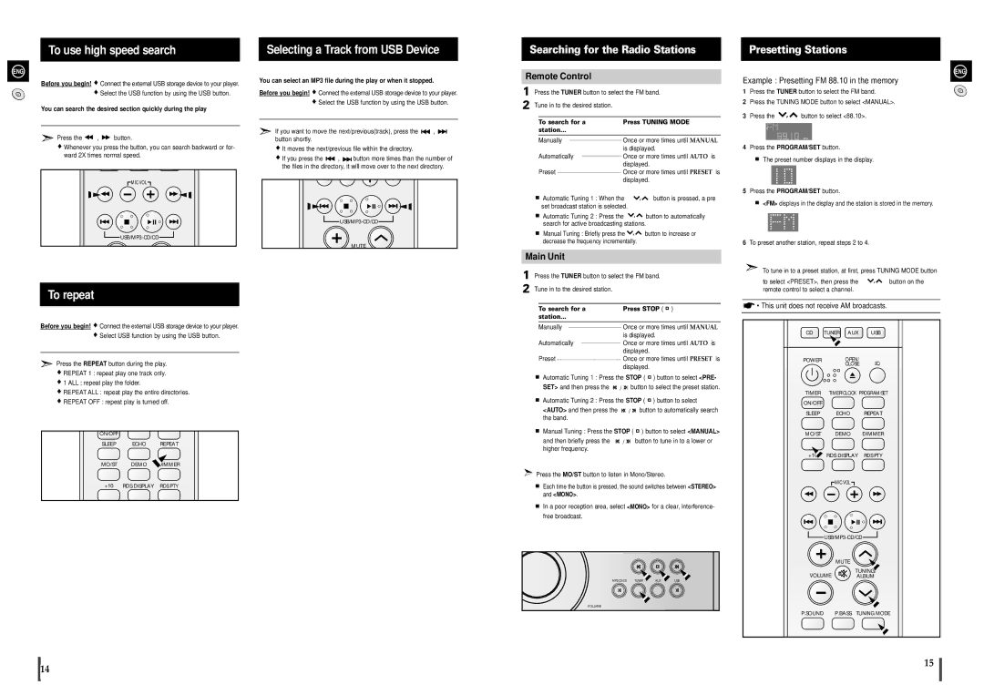 Samsung MAX-A66R/EDC manual To use high speed search, Selecting a Track from USB Device, Searching for the Radio Stations 