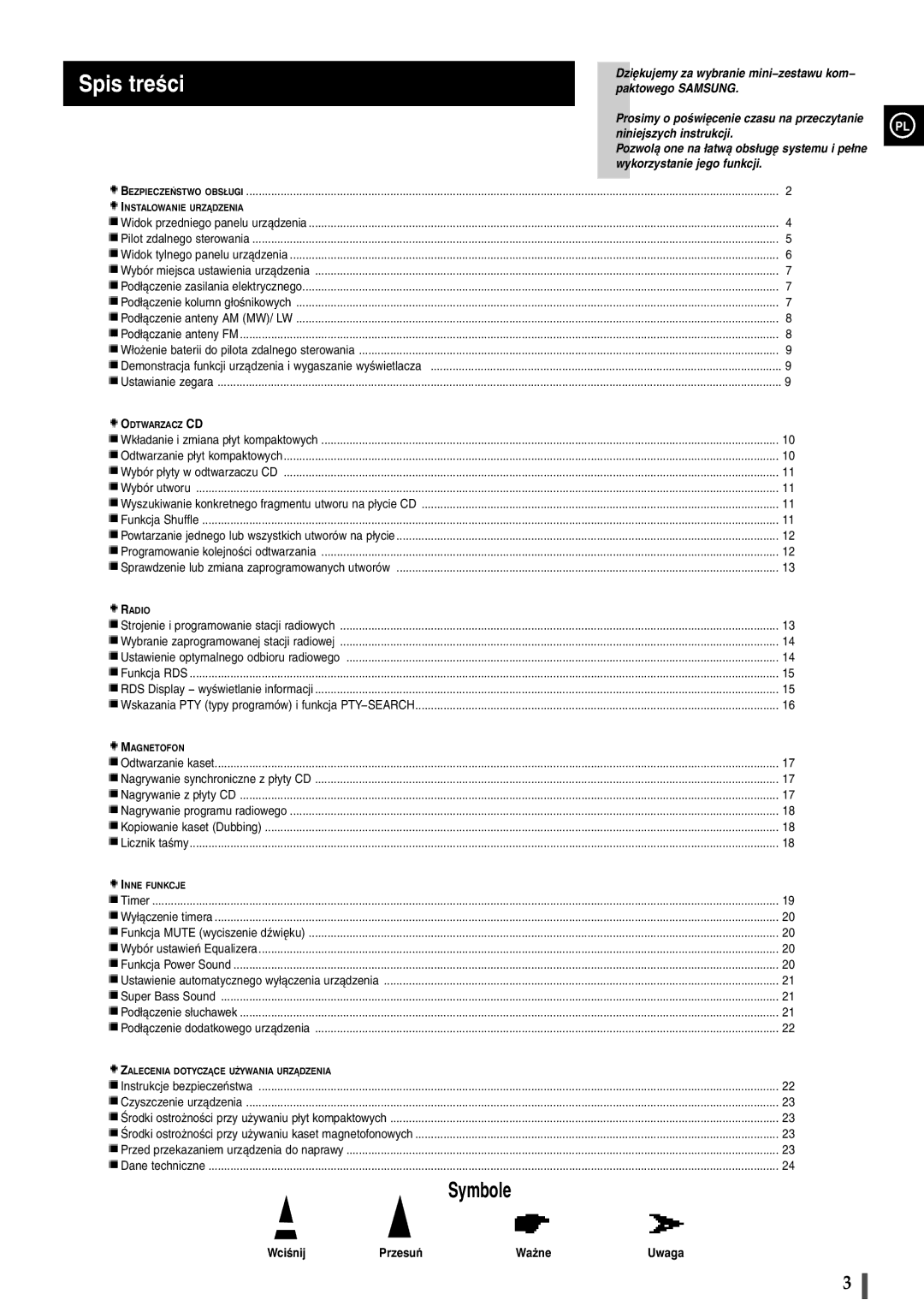 Samsung B450, MAX-B420 manual Spis treœci, Wciœnij Przesuñ Wa¿ne Uwaga 