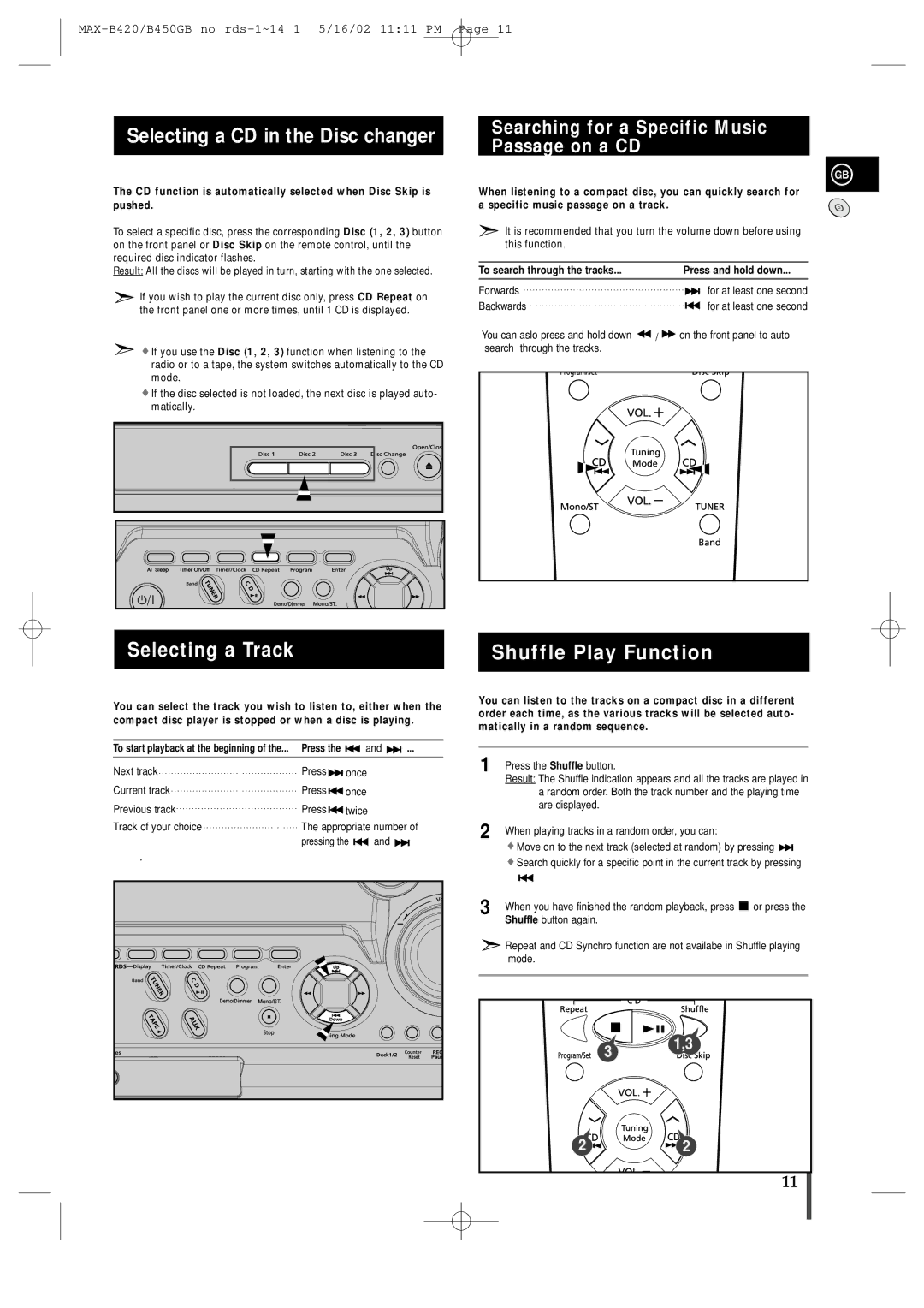 Samsung MAX-B450 instruction manual Selecting a CD in the Disc changer, Selecting a Track, Shuffle Play Function 