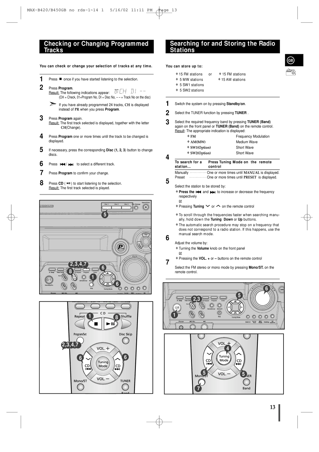 Samsung MAX-B450 Checking or Changing Programmed Tracks, Searching for and Storing the Radio Stations, You can store up to 