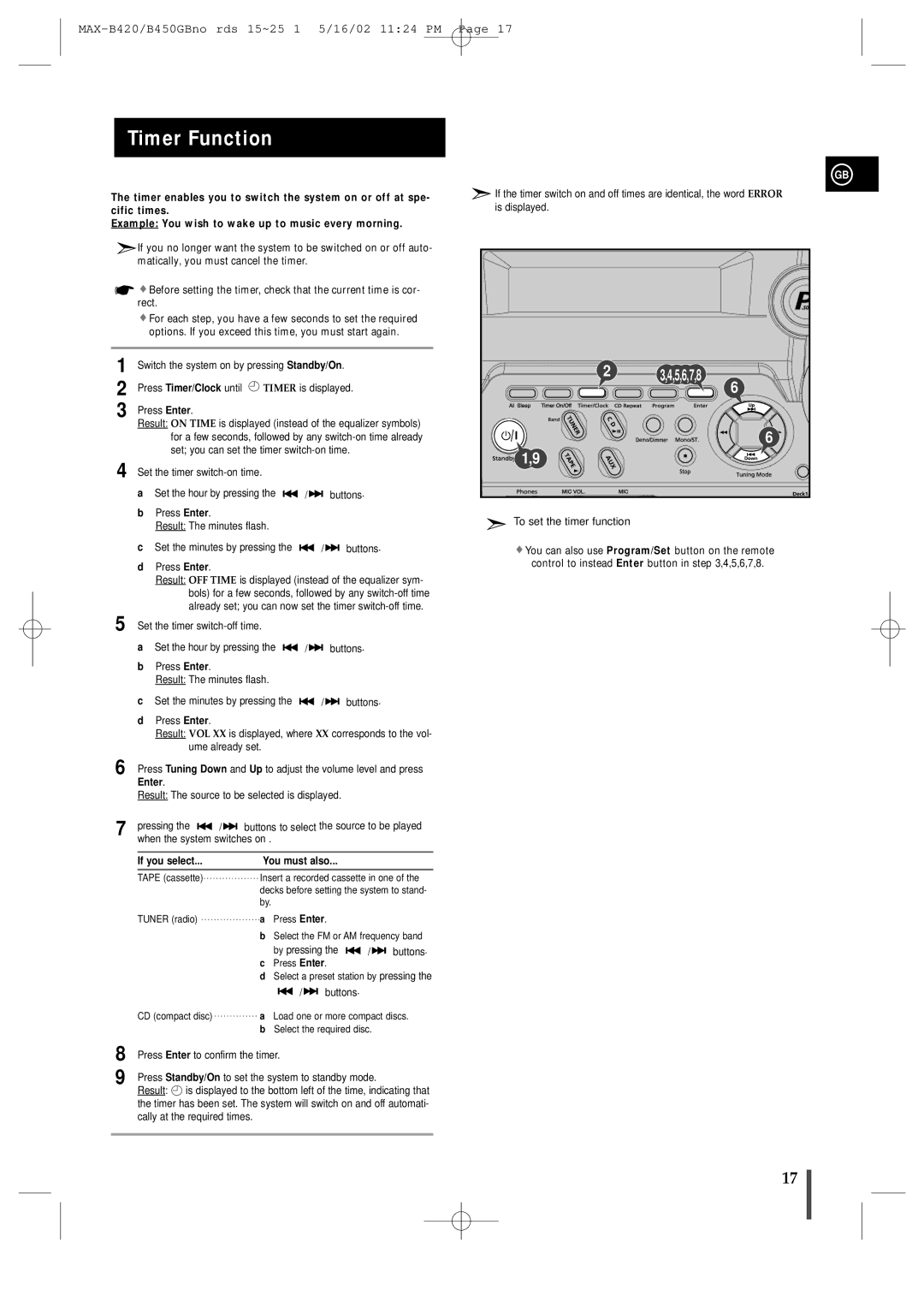 Samsung MAX-B450 instruction manual Timer Function 