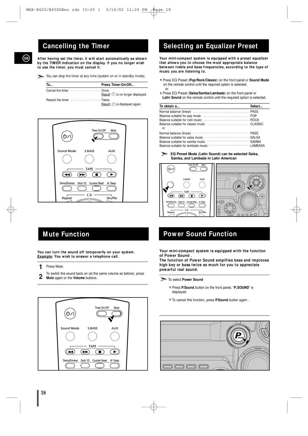 Samsung MAX-B450 Cancelling the Timer, Selecting an Equalizer Preset, Mute Function, Power Sound Function 