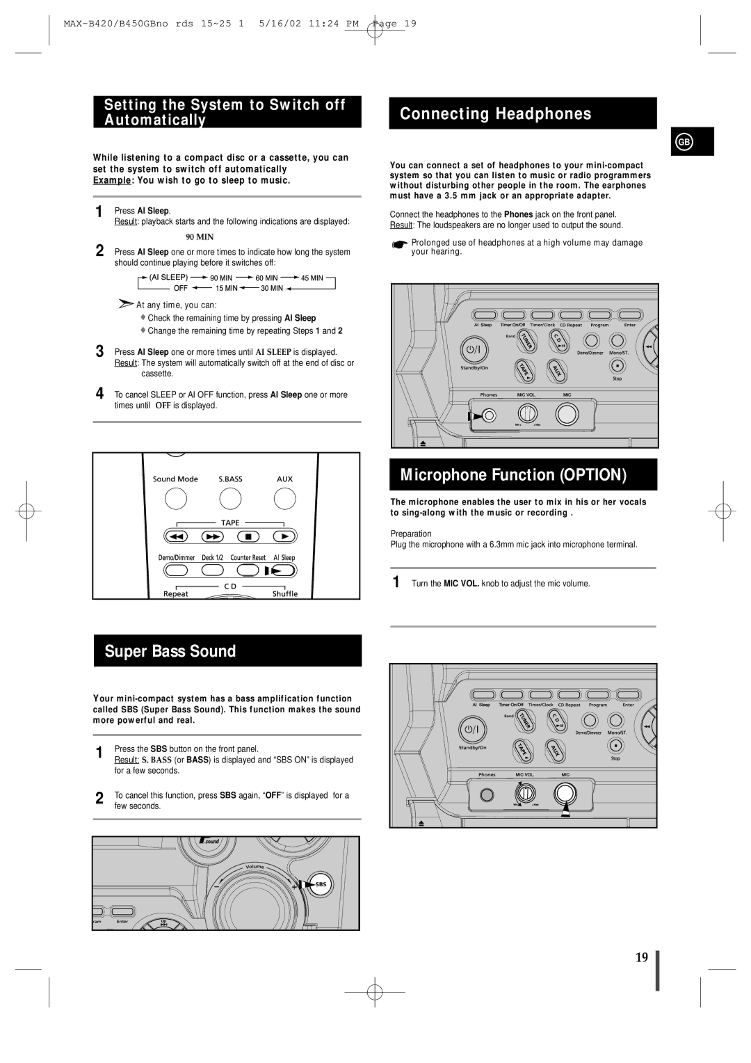 Samsung MAX-B450 instruction manual Super Bass Sound, Connecting Headphones, Microphone Function Option, Press AI Sleep 