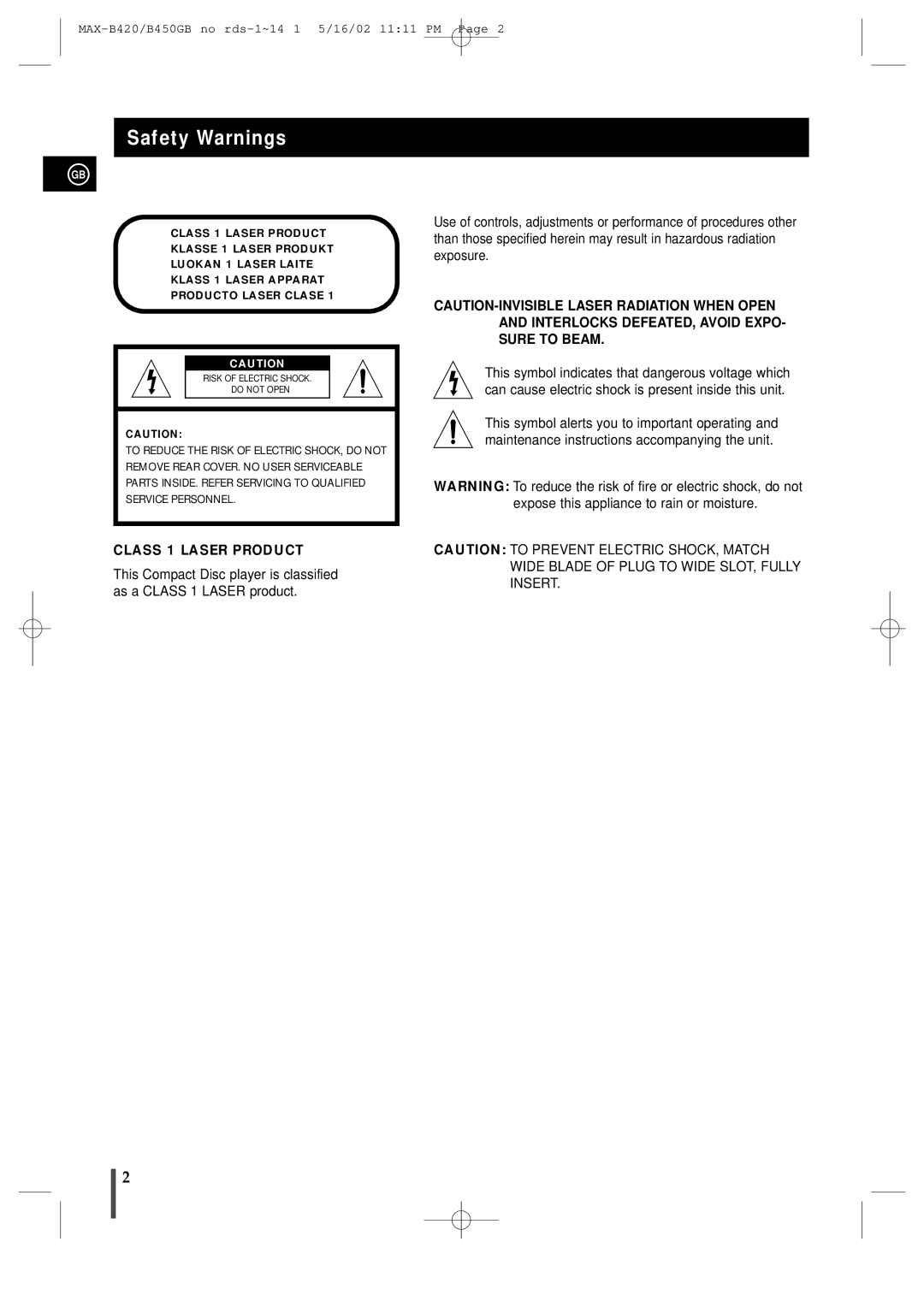 Samsung MAX-B450 instruction manual Safety Warnings, Class 1 Laser Product 