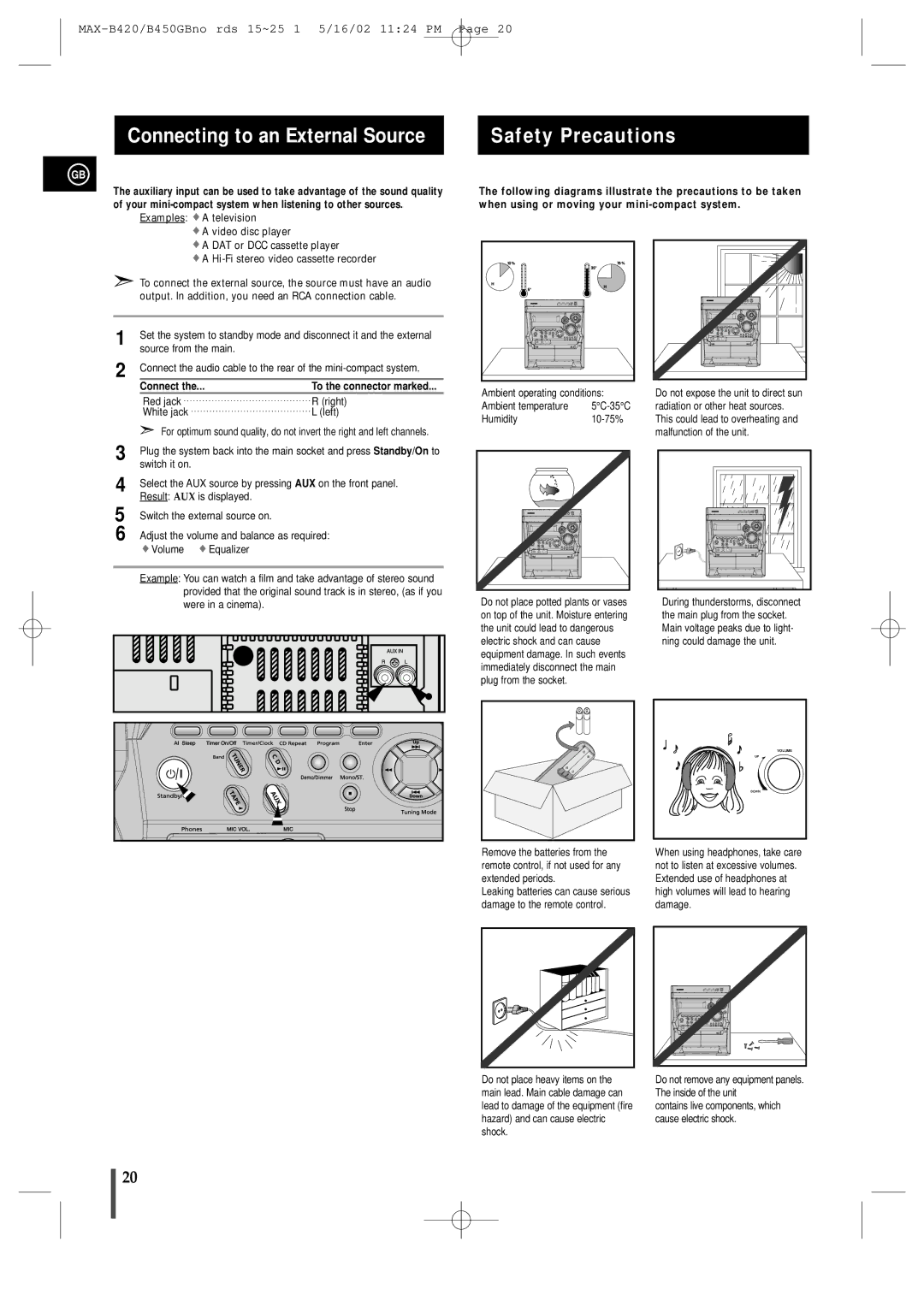 Samsung MAX-B450 instruction manual Connecting to an External Source Safety Precautions 