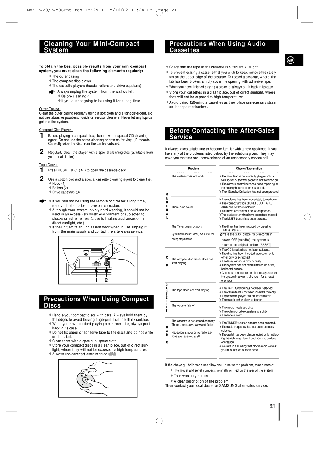 Samsung MAX-B450 instruction manual Cleaning Your Mini-Compact System, Precautions When Using Audio Cassettes 