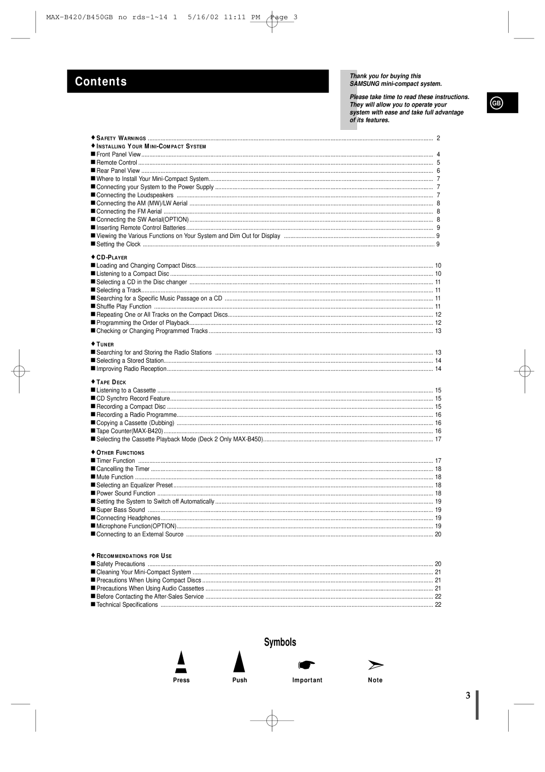 Samsung MAX-B450 instruction manual Contents 