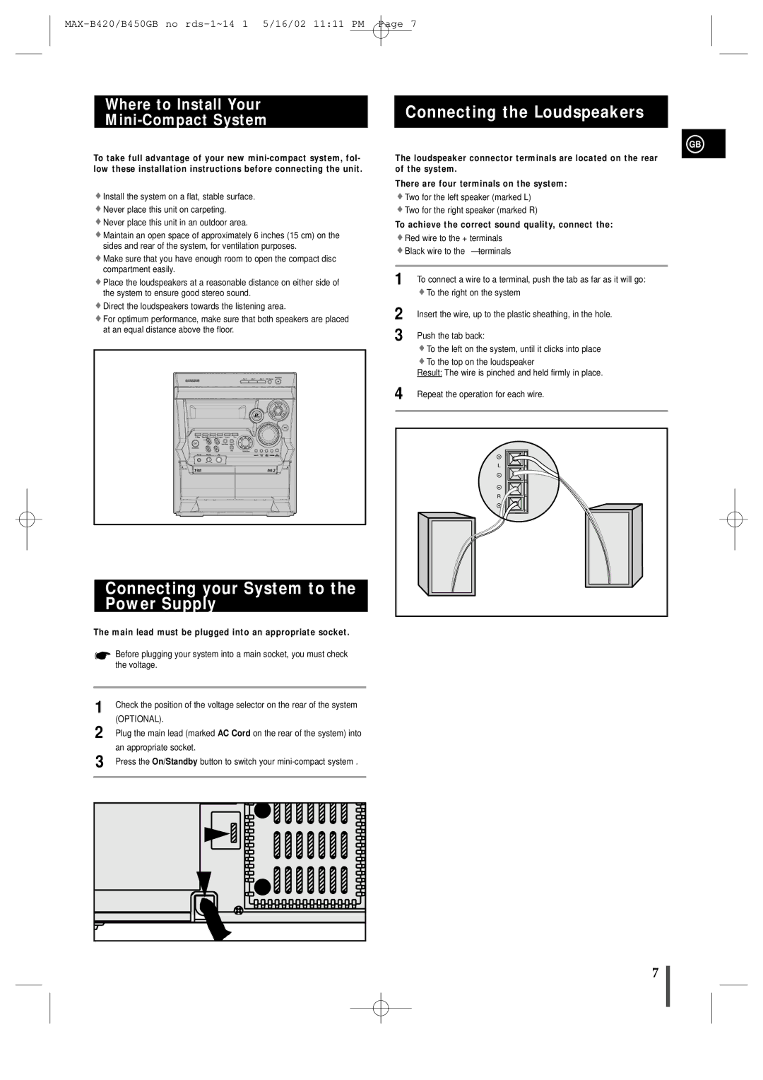 Samsung MAX-B450 instruction manual Connecting your System to the Power Supply, Connecting the Loudspeakers 