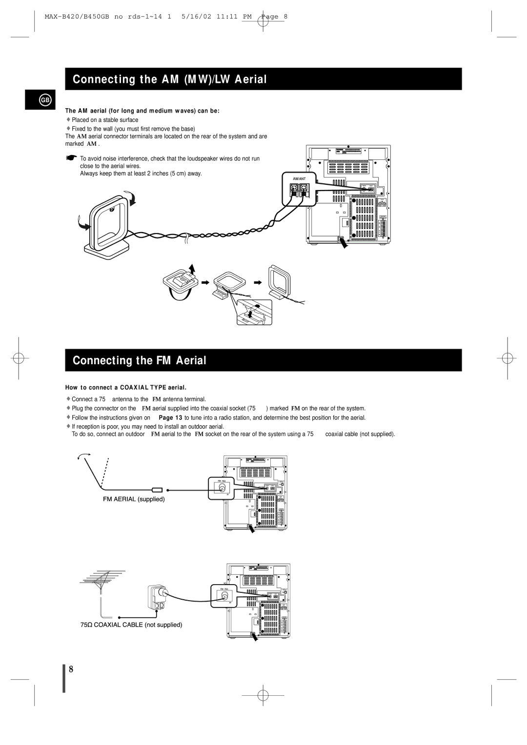 Samsung MAX-B450 Connecting the AM MW/LW Aerial, Connecting the FM Aerial, AM aerial for long and medium waves can be 