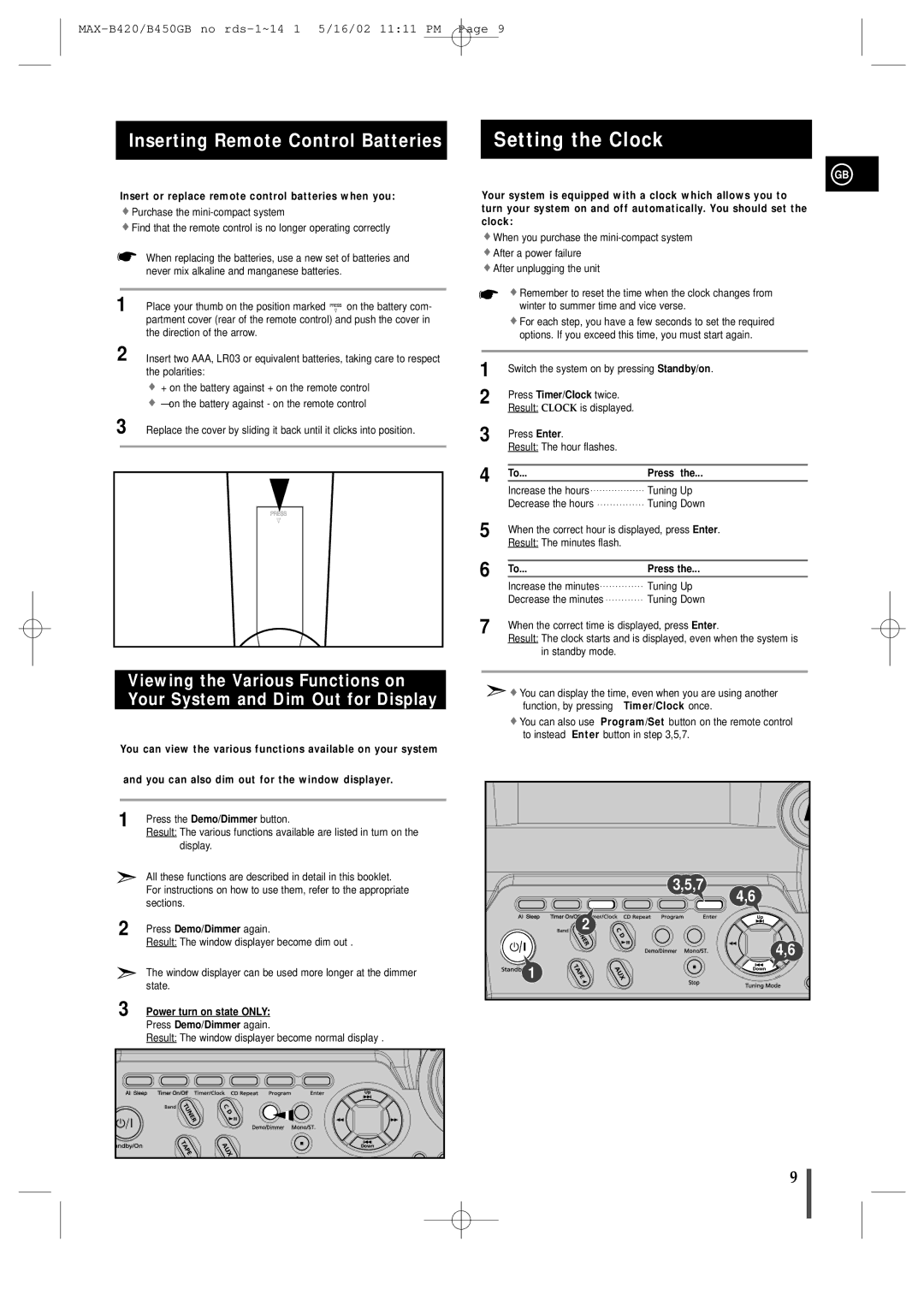 Samsung MAX-B450 instruction manual Setting the Clock, Inserting Remote Control Batteries, Press 