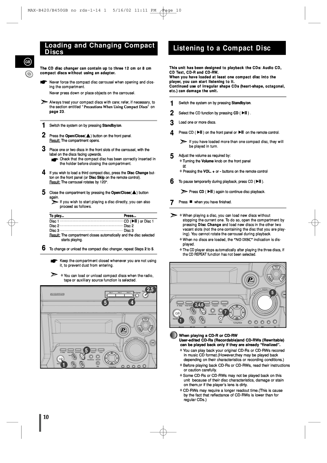 Samsung MAX-B450 instruction manual Listening to a Compact Disc, Loading and Changing Compact Discs, 2,4,6, To play 