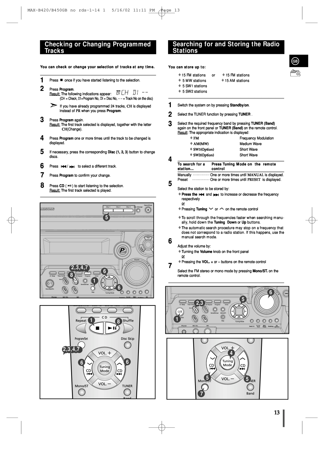 Samsung MAX-B450 instruction manual Checking or Changing Programmed Tracks, Searching for and Storing the Radio Stations 