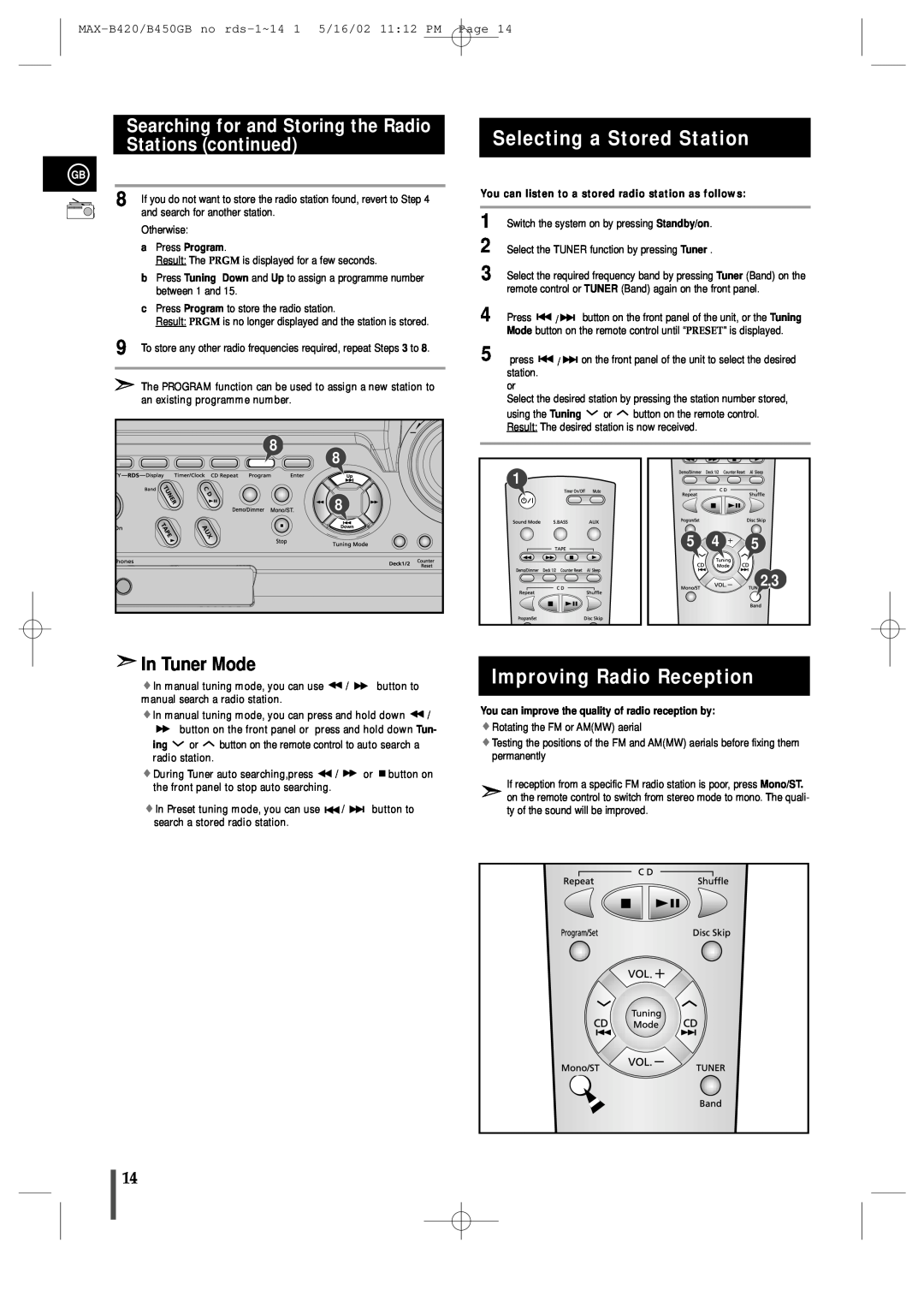 Samsung MAX-B450 instruction manual Selecting a Stored Station, Improving Radio Reception, In Tuner Mode 