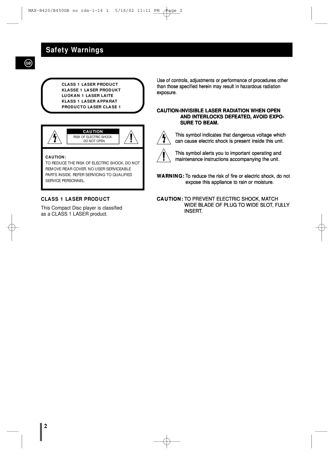 Samsung MAX-B450 instruction manual Safety Warnings, CLASS 1 LASER PRODUCT 