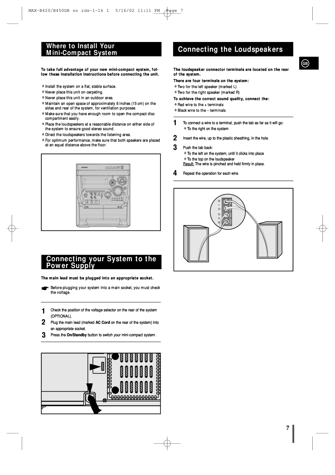Samsung MAX-B450 instruction manual Connecting your System to the Power Supply, Connecting the Loudspeakers 