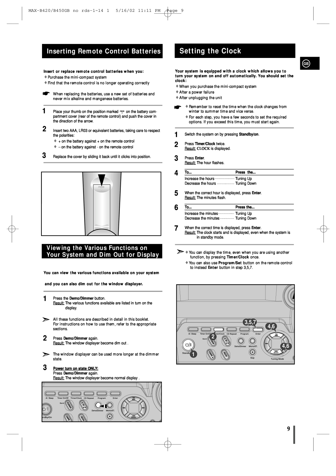 Samsung MAX-B450 instruction manual Setting the Clock, Inserting Remote Control Batteries 
