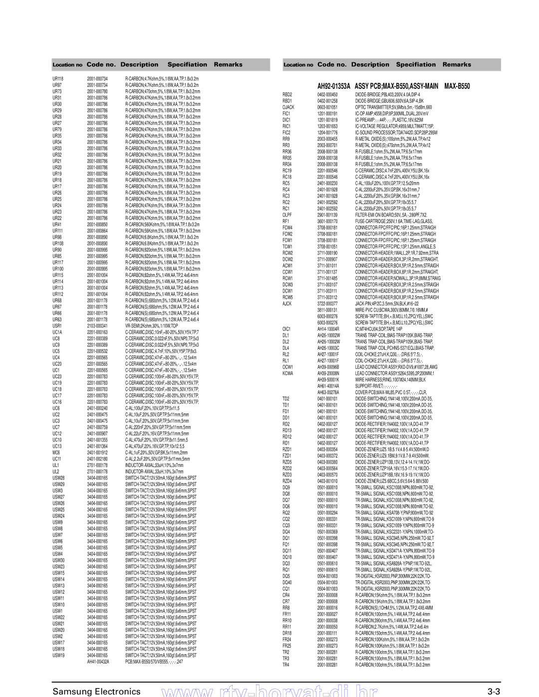 Samsung service manual Assy PCBMAX-B550,ASSY-MAIN MAX-B550 