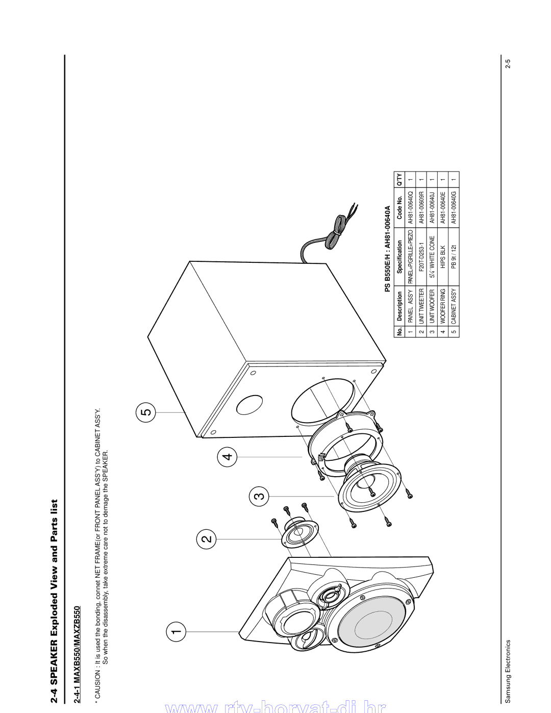 Samsung MAX-B550 service manual Speaker Exploded View and Parts list, Qty, Panel Assy, White Cone 