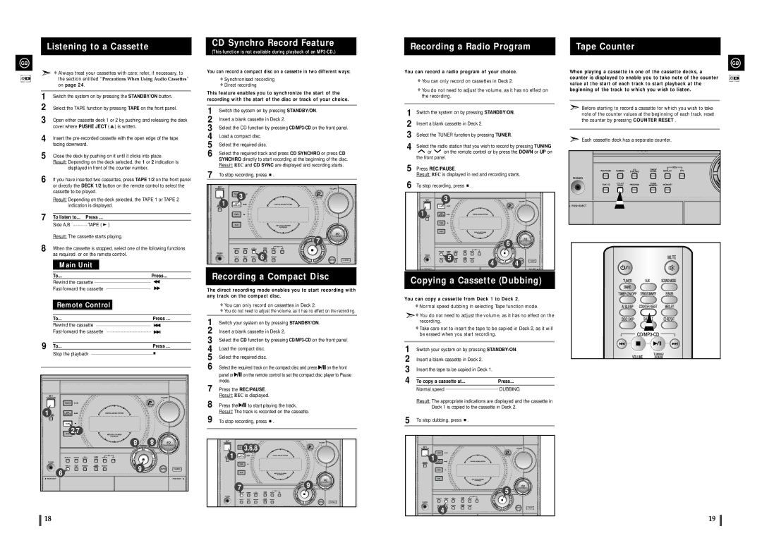 Samsung MAX-C570Q/XFO manual Listening to a Cassette, CD Synchro Record Feature, Recording a Compact Disc, Tape Counter 