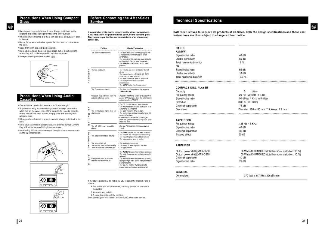 Samsung MAX-C570R/EDC, MAX-C550R/EDC, MAX-C550R/ELS manual Technical Specifications, Precautions When Using Compact Discs 