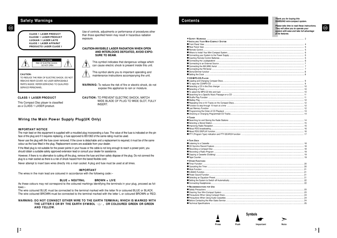 Samsung MAX-C550R/ELS, MAX-C550R/EDC, MAX-C570R/EDC, MAX-C570R/ELS, MAX-C570Q/XFO, MAX-C550Q/XFO Safety Warnings, Contents 