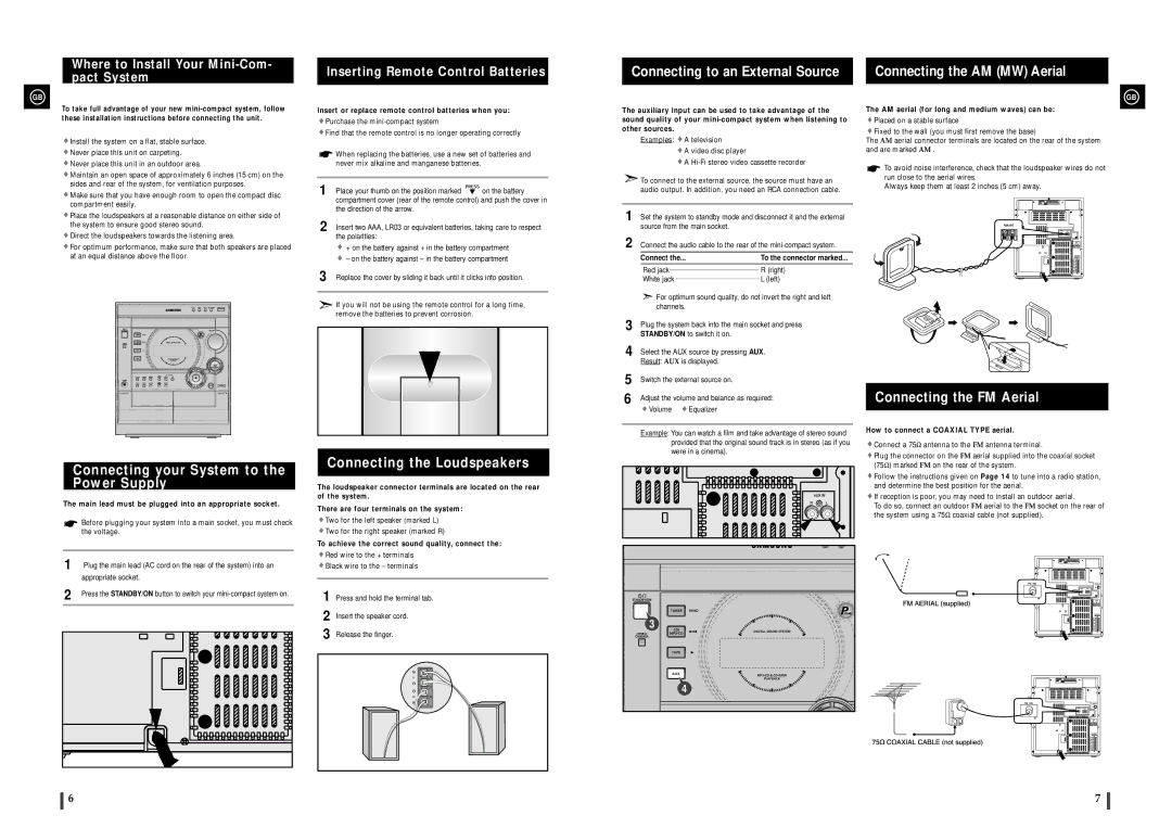 Samsung MAX-C570Q/XFO Connecting your System to the Power Supply, Connecting the Loudspeakers, Connecting the FM Aerial 