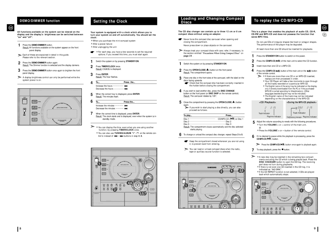 Samsung MAX-C550Q/XFO Setting the Clock, Loading and Changing Compact Discs, To replay the CD/MP3-CD, To play Press 