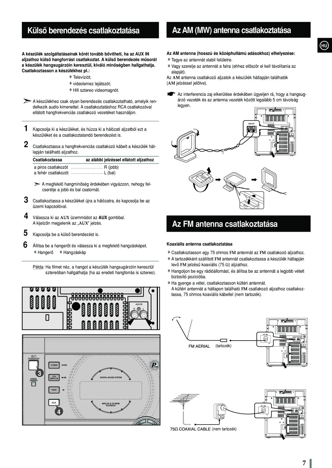 Samsung MAX-C570R/ELS Külsô berendezés csatlakoztatása, Az FM antenna csatlakoztatása, Az AM MW antenna csatlakoztatása 