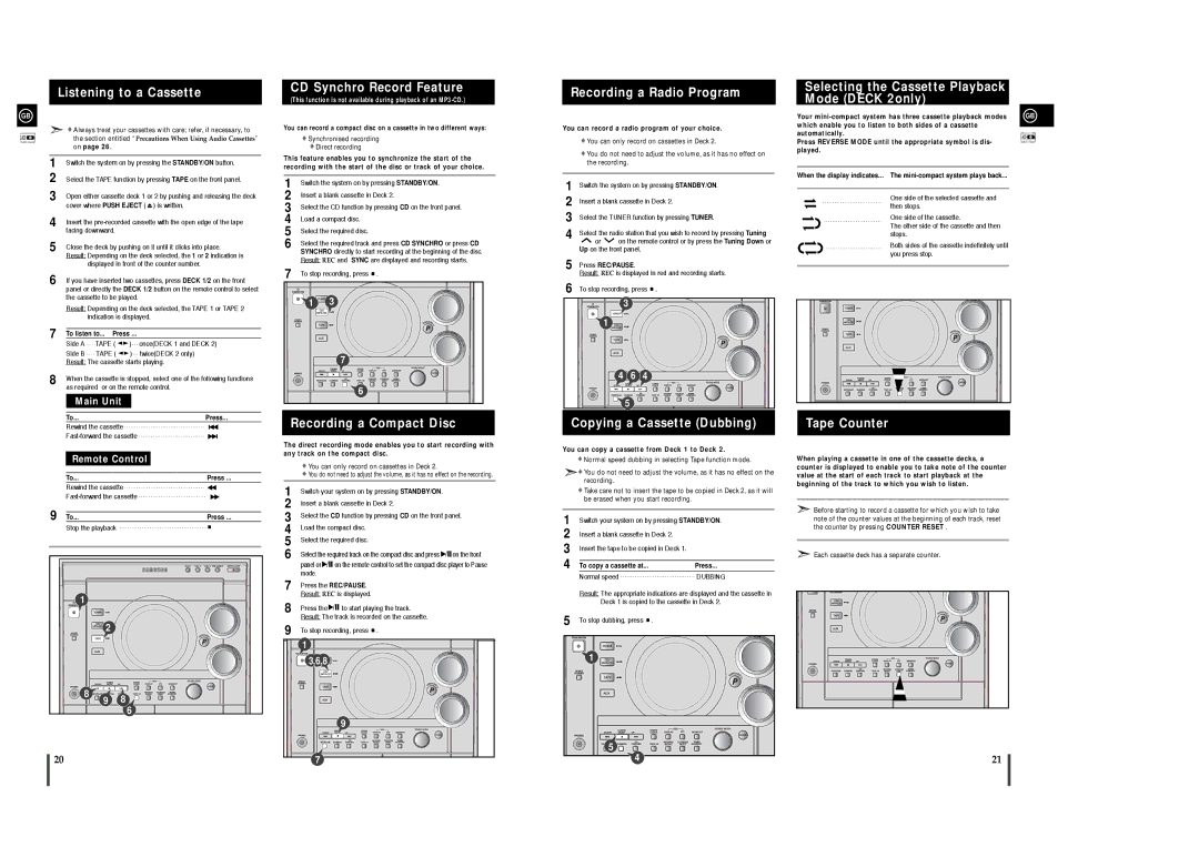 Samsung MAX-C670R/ELS manual Listening to a Cassette, CD Synchro Record Feature, Recording a Compact Disc, Tape Counter 