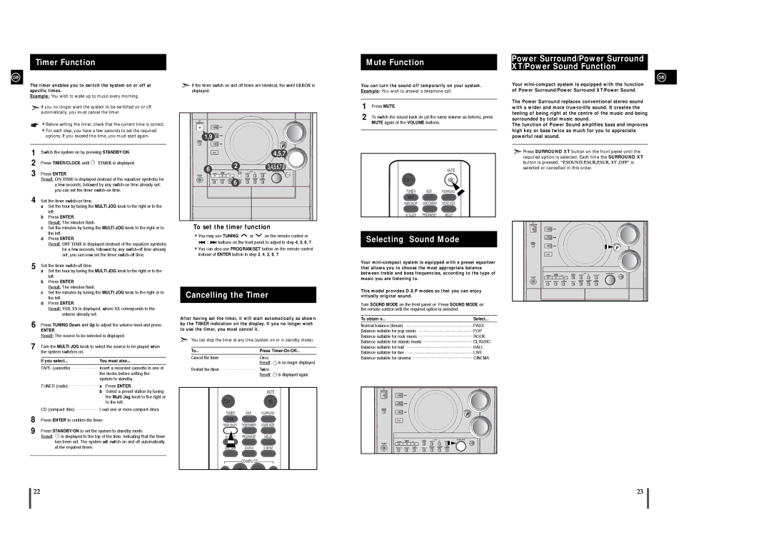 Samsung MAX-C670R/ELS manual Timer Function, Cancelling the Timer, Mute Function, Selecting Sound Mode 