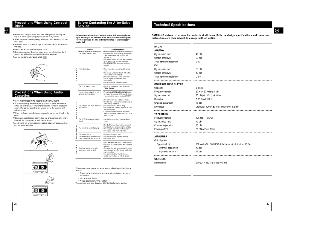 Samsung MAX-C670R/ELS manual Technical Specifications, Precautions When Using Compact Discs 