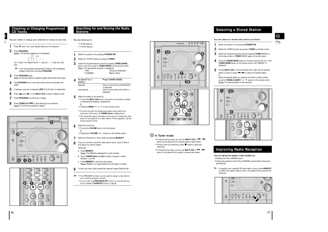 Samsung MAX-C670R/ELS Selecting a Stored Station, Improving Radio Reception, Checking or Changing Programmed CD Tracks 