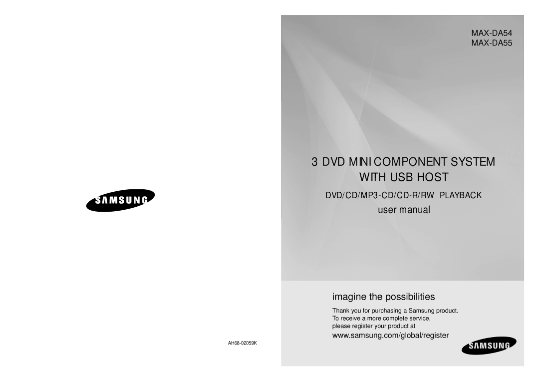 Samsung MAX-DA54T/MEA, MAX-DA54T/HAC, MAX-DA54T/FMC manual DVD Mini Component System With USB Host, AH68-02059K 