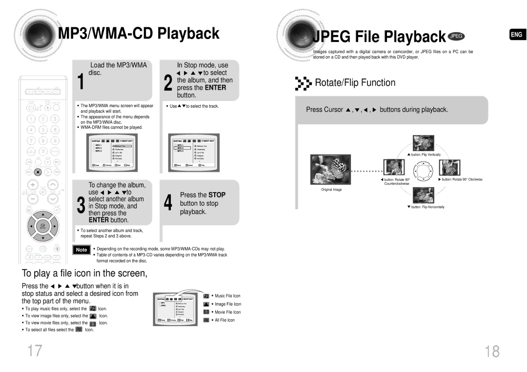 Samsung MAX-DA54T/MEA MP3/WMA-CD Playback Jpeg File Playback Jpeg, Rotate/Flip Function, To play a file icon in the screen 