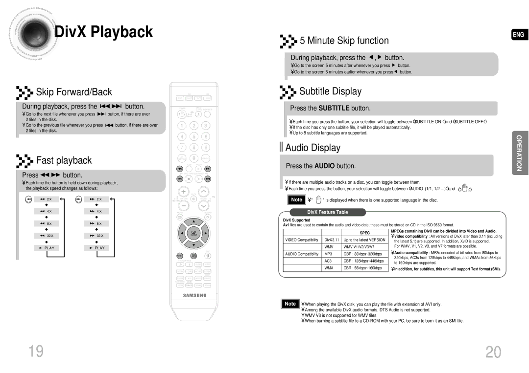 Samsung MAX-DA54T/FMC, MAX-DA54T/HAC, MAX-DA54T/MEA, MAX-DA54T/SAH, MAX-DA55T/FMC, MAX-DA55T/UMG, MAX-DA55T/HAC DivX Playback 