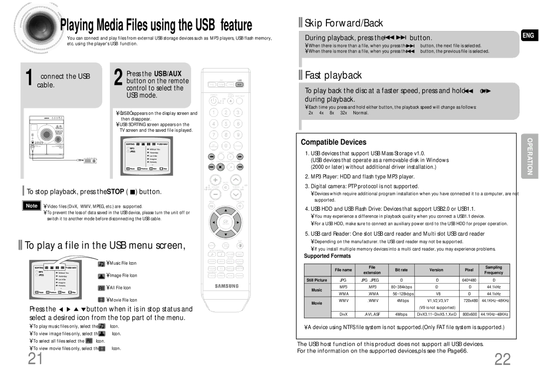 Samsung MAX-DA54T/SAH, MAX-DA54T/HAC manual To play a file in the USB menu screen, Playback, press Button, Supported Formats 