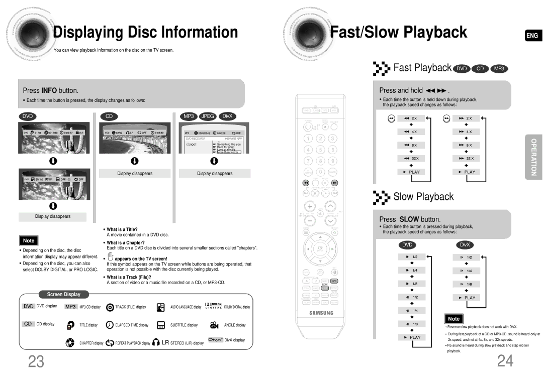 Samsung MAX-DA55T/FMC, MAX-DA54T/HAC manual Fast/Slow Playback, Displaying Disc Information, Fast Playback DVD CD MP3 