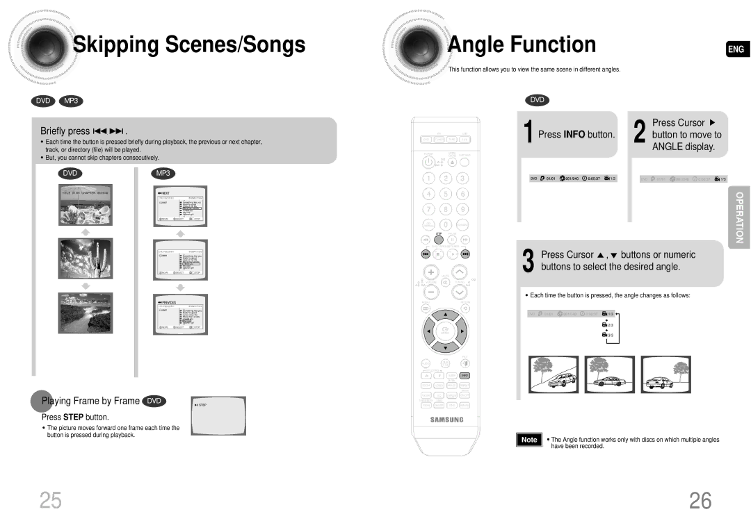 Samsung MAX-DA55T/UMG, MAX-DA54T/HAC, MAX-DA54T/MEA, MAX-DA54T/FMC, MAX-DA54T/SAH manual Skipping Scenes/Songs, Angle Function 