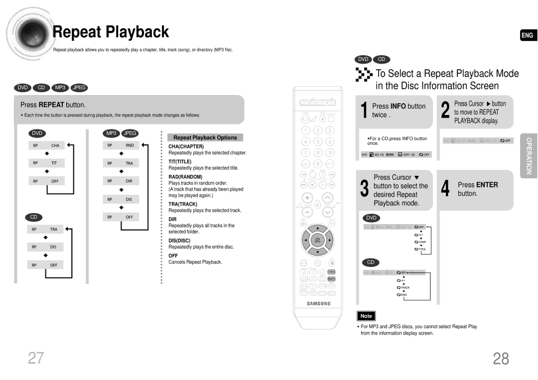 Samsung MAX-DA55T/HAC, MAX-DA54T/HAC Repeat Playback, Press Repeat button, Press Info button twice, Press Enter button 