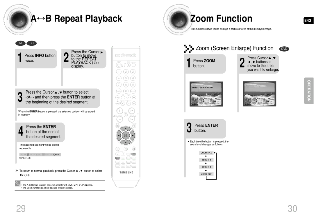 Samsung MAX-DA55T/MEA, MAX-DA54T/HAC, MAX-DA54T/MEA ↔ B Repeat Playback Zoom Function, Zoom Screen Enlarge Function DVD 