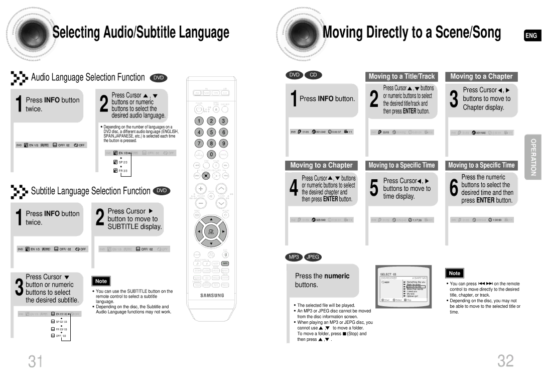 Samsung MAX-DA55T/SAH 1Press Info button, Press the numeric buttons, Press Cursor , 3 buttons to move to Chapter display 