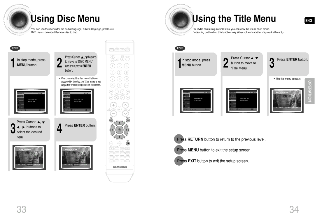 Samsung MAX-DA54T/HAC manual Using Disc Menu, Using the Title Menu, Press Cursor Buttons to select the desired item 