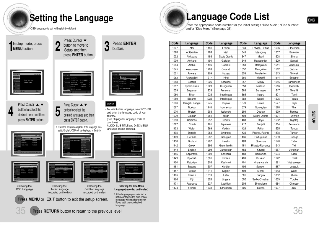 Samsung MAX-DA54T/MEA Language Code List, Setting the Language, Setup, Press Menu or Exit button to exit the setup screen 