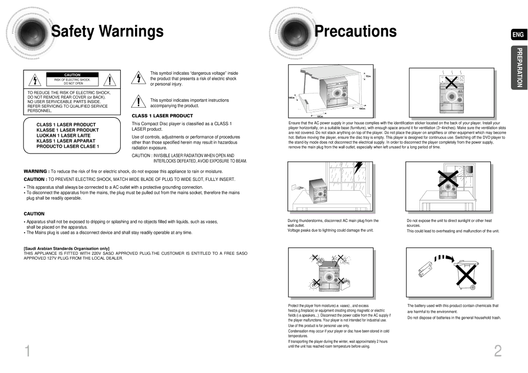 Samsung MAX-DA54T/FMC, MAX-DA54T/HAC, MAX-DA54T/MEA Safety Warnings, Precautions, Saudi Arabian Standards Organisation only 