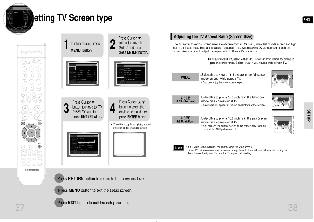 Samsung MAX-DA54T/FMC, MAX-DA54T/HAC, MAX-DA54T/MEA, MAX-DA54T/SAH Adjusting the TV Aspect Ratio Screen Size, 43LB, 43PS 