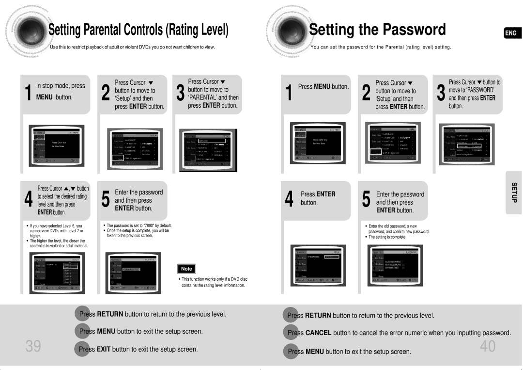 Samsung MAX-DA54T/SAH manual Stop mode, press Menu button, Press Menu button, Enter the password Then press Enter button 