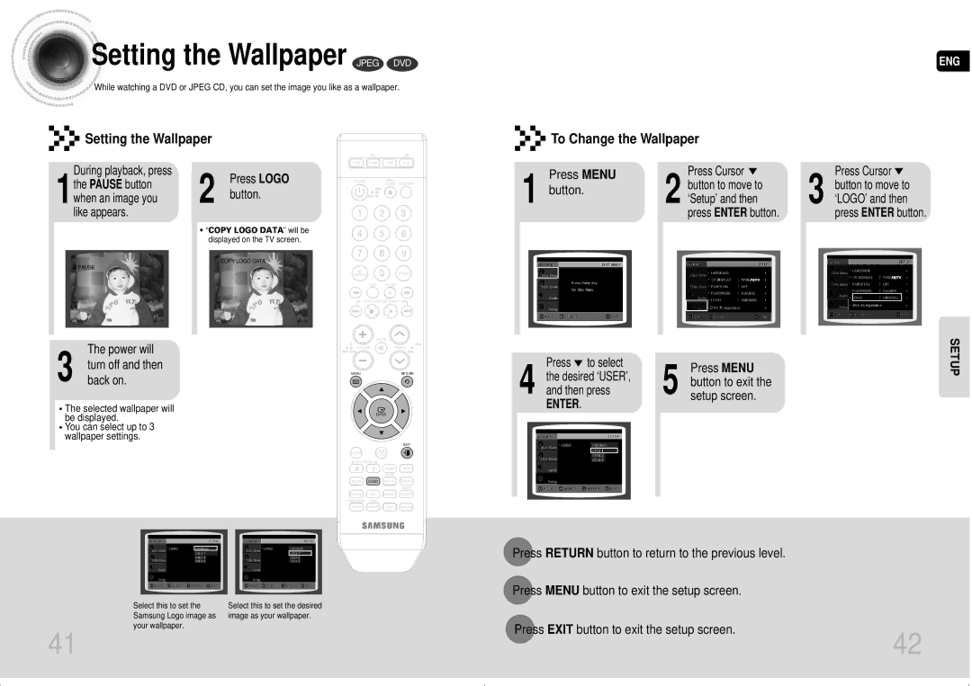 Samsung MAX-DA55T/FMC, MAX-DA54T/HAC, MAX-DA54T/MEA, MAX-DA54T/FMC Setting the Wallpaper Jpeg DVD, Press Menu, Setup screen 